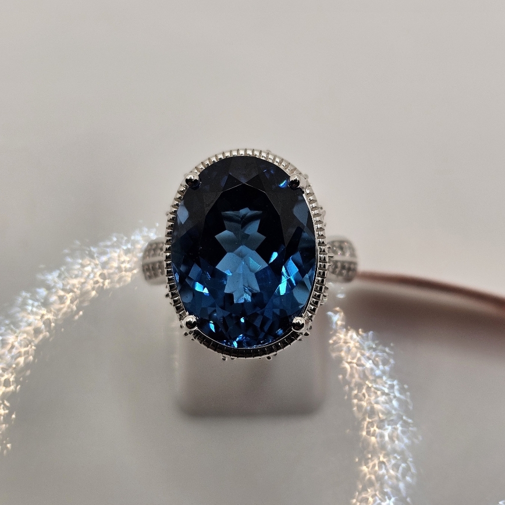 Natural London Blue Topaz & Diamond Ring in Sterling Silver & Rhodium Size 7! - Picture 12 of 16